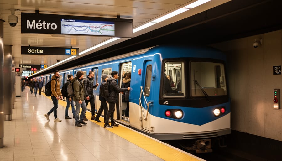 Well-lit Montreal metro station entrance at night with pedestrians safely using public transit