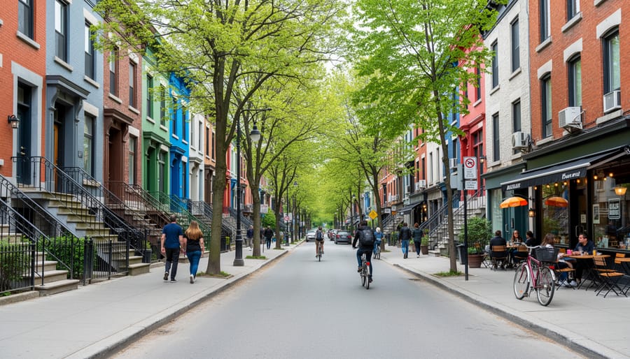 Tourists walking through Montreal's Plateau neighborhood with colorful row houses and tree-lined streets