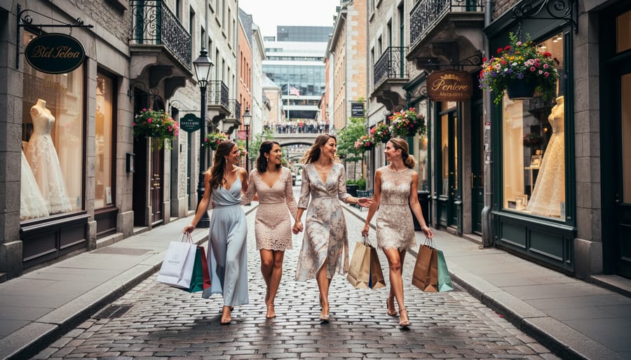 Bride and partner walking outside a bridal boutique in Old Montreal during golden hour