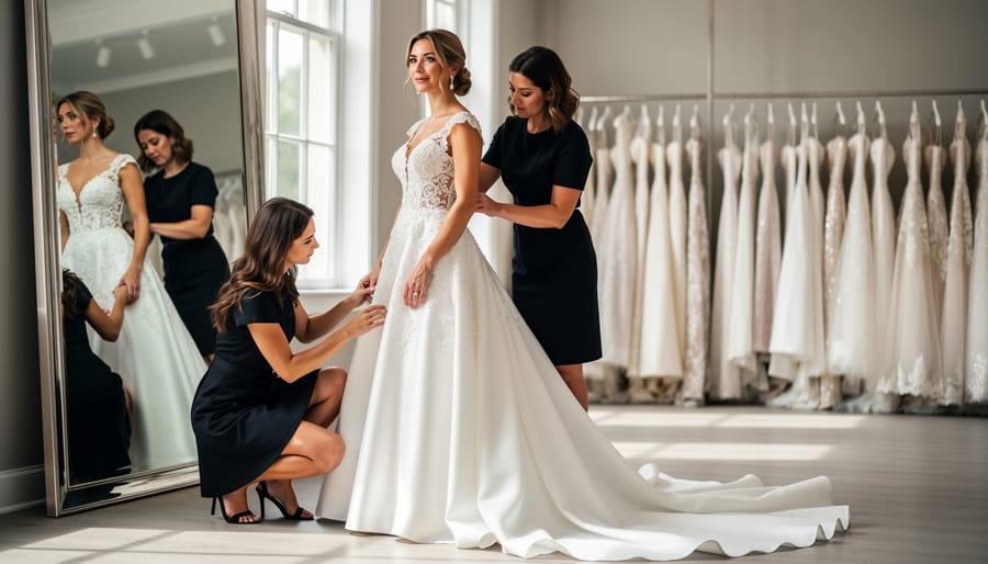 Bride being fitted in a wedding dress boutique with a stylist and mirror
