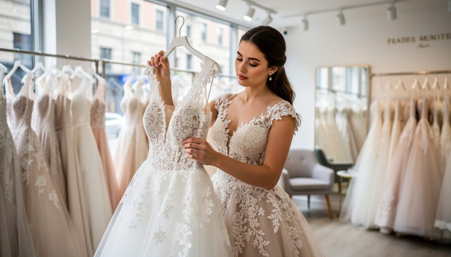 Bride holding lace wedding dress fabric inside a Montreal bridal boutique