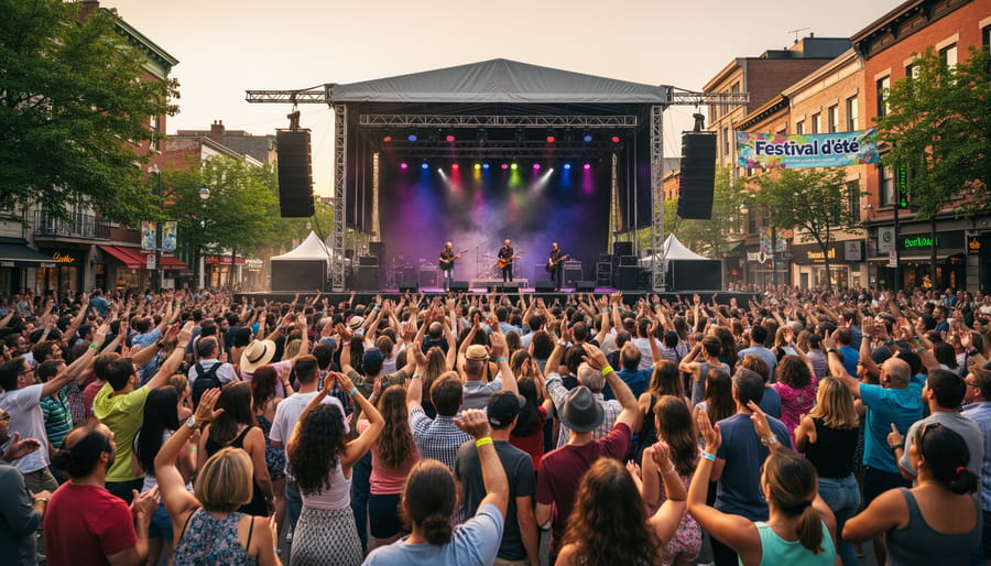 Crowd at an outdoor summer concert with colorful stage lights and raised hands