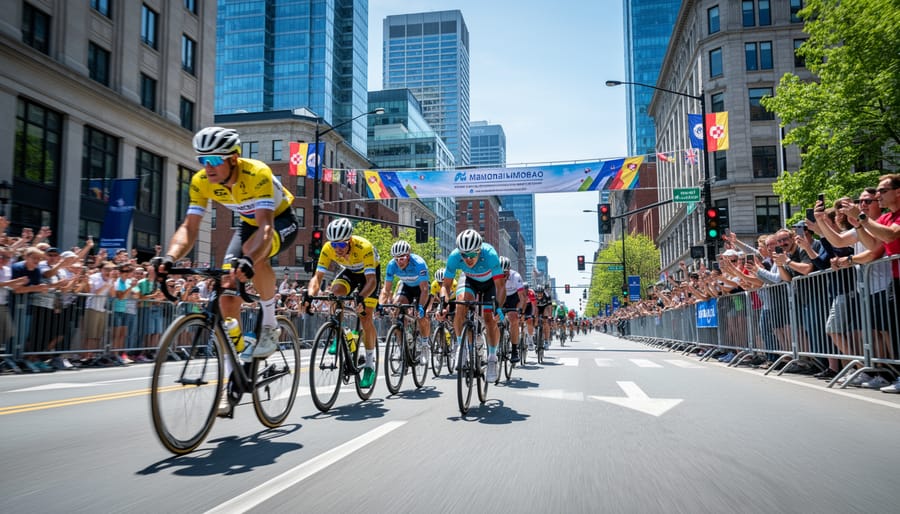 Cyclists in racing gear riding along a downtown boulevard with spectators in the distance