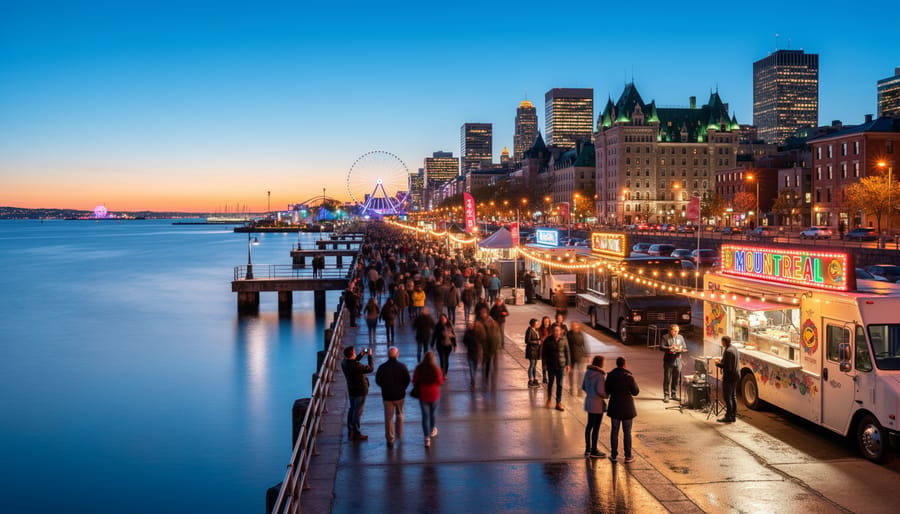 People walking along Montreal’s waterfront at dusk with festive lights in the distance