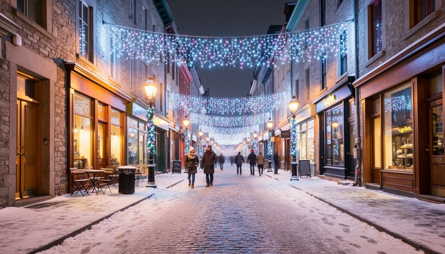 Snowy Montreal street at night with glowing colorful light projections on historic buildings