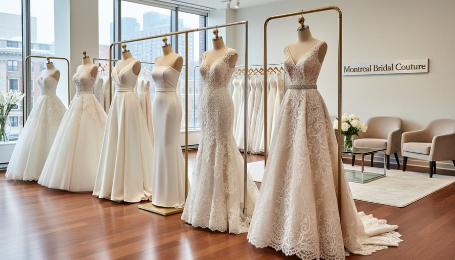 Wedding dresses displayed on mannequins in a luxury bridal showroom