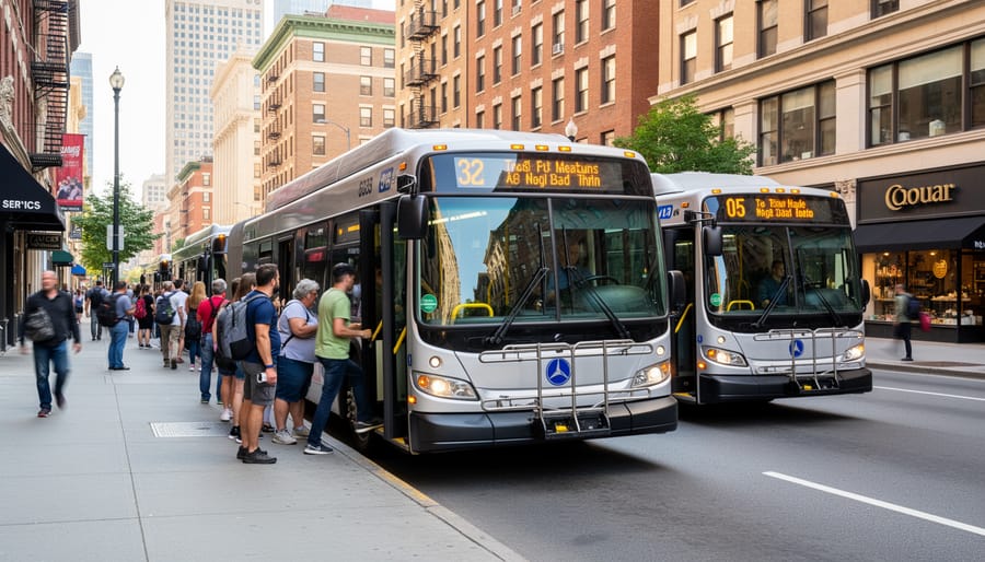 People boarding a Montreal public bus at a downtown street stop