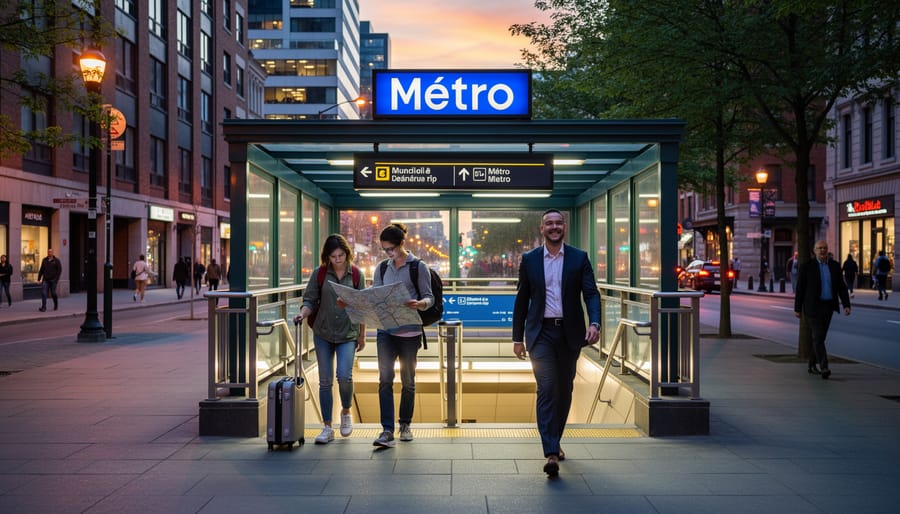 Commuters walking toward a Montreal metro entrance at dusk under streetlights