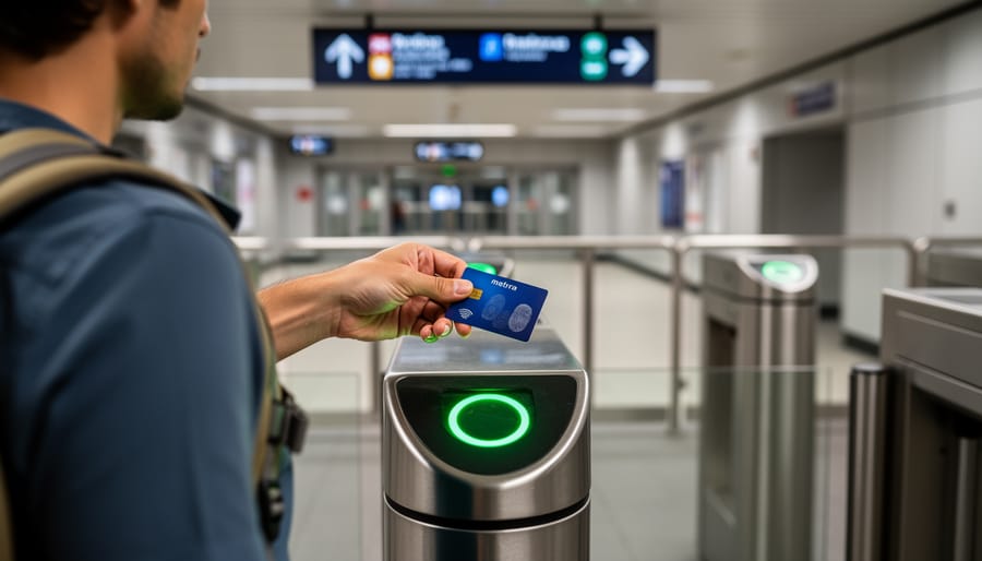 A hand tapping an OPUS transit card on a metro fare validation reader