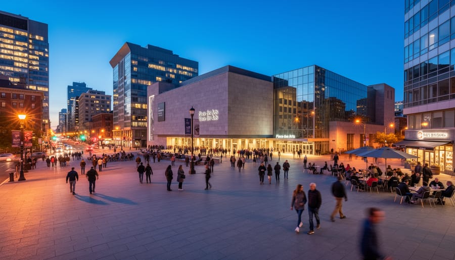 Place des Arts plaza at dusk with warm lights and pedestrian walkway