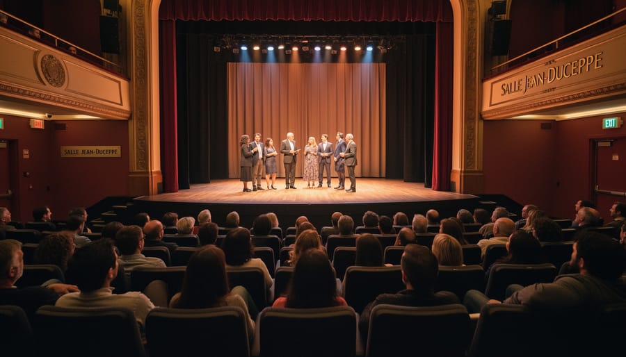 Interior of Salle Jean-Duceppe looking toward the stage with warm lighting