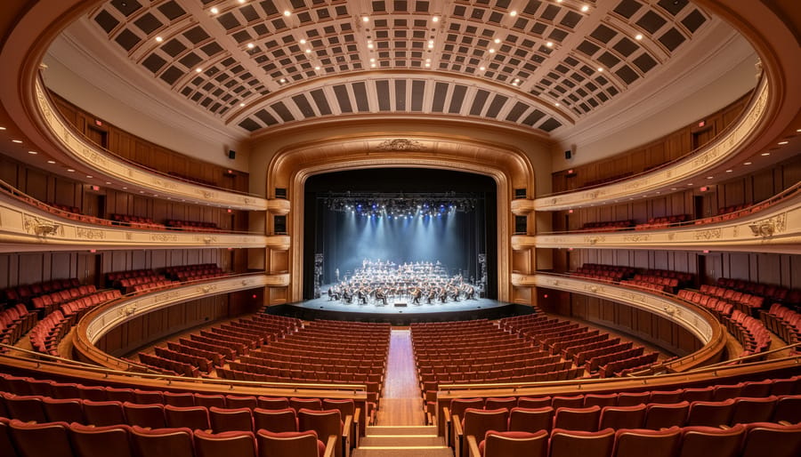 Interior view of Salle Wilfrid-Pelletier with horseshoe-style seating facing the stage