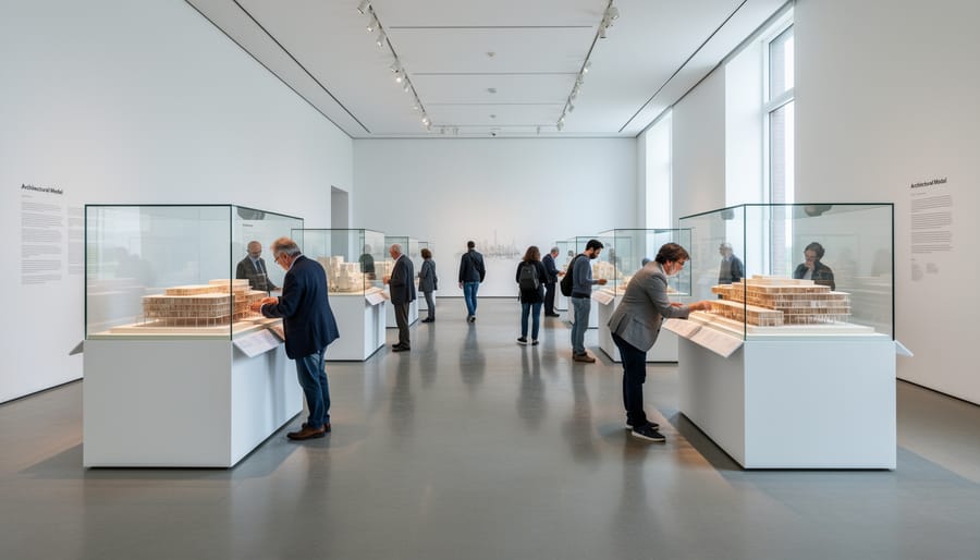 People viewing architectural displays inside the Centre Canadien d’Architecture