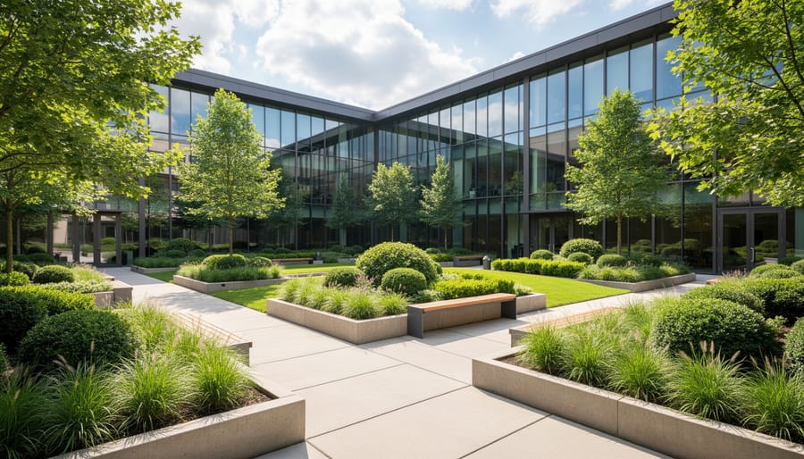 Walkway through the CCA Garden with greenery and landscaping in Montreal