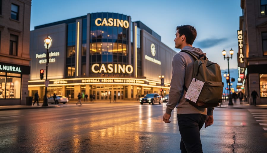 A traveler walking at dusk toward a Montreal casino entrance while holding a smartphone and transit card.